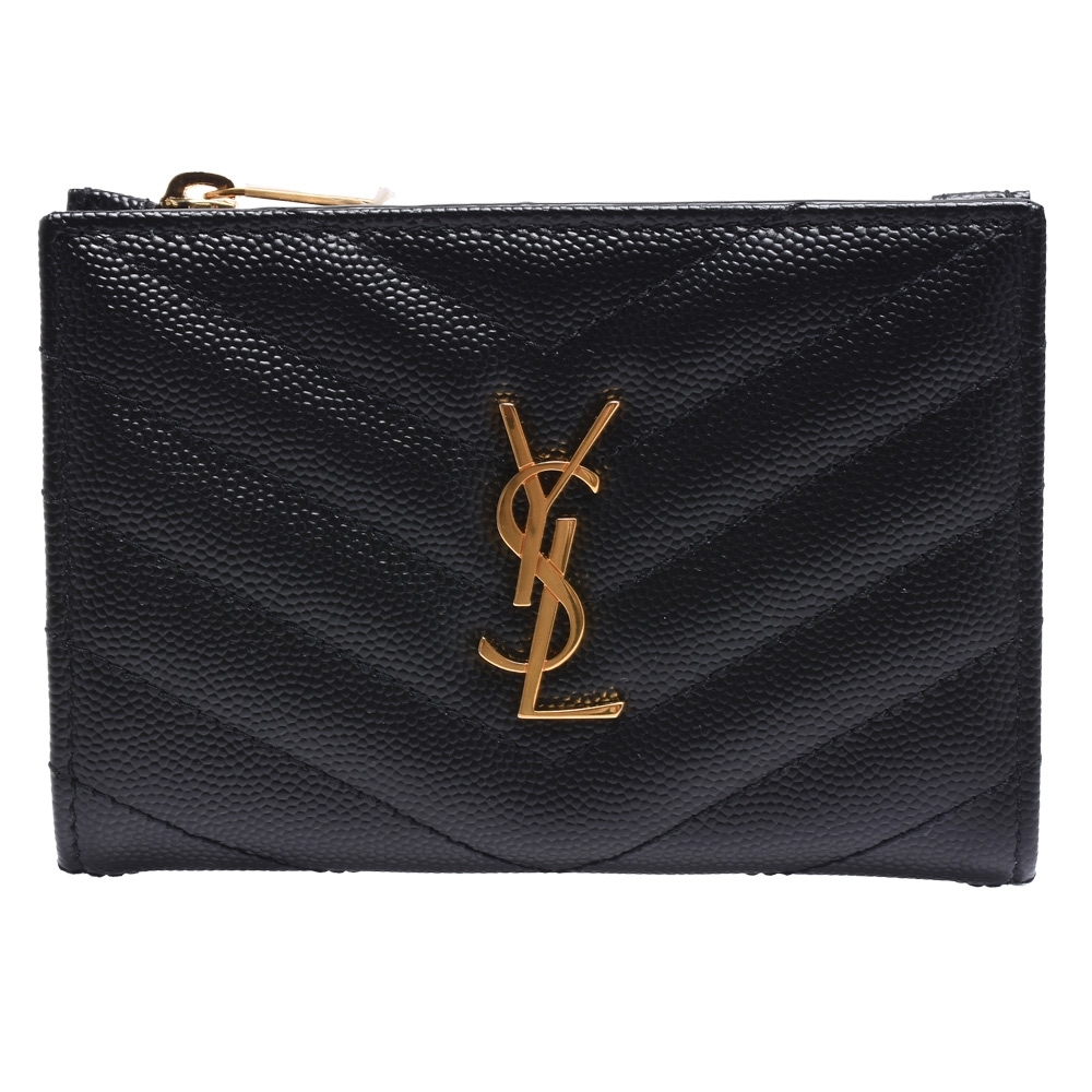 YSL MONOGRAM系列V字縫線小牛皮金屬LOGO暗釦短夾(黑)