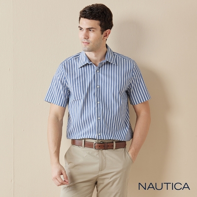 Nautica 男裝 吸濕排汗質感細條紋短袖襯衫-深藍色