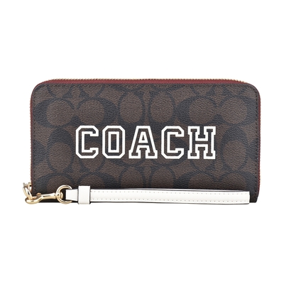 COACH Varsity字母LOGO緹花PVC12卡拉鍊長夾(深棕x白)