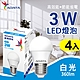 【威剛】3W LED燈泡 球泡燈 E27 大角度照明_白光 黃光_4入 product thumbnail 1
