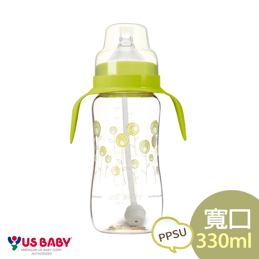 US baby 優生 真母感PPSU瓶(寬口手把吸管330ml-綠)