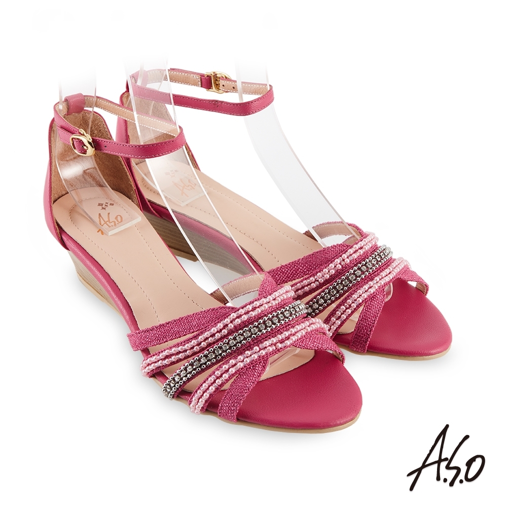 A.S.O 時尚流行 亮眼魅力民族串珠條帶風格楔型跟鞋-桃粉紅