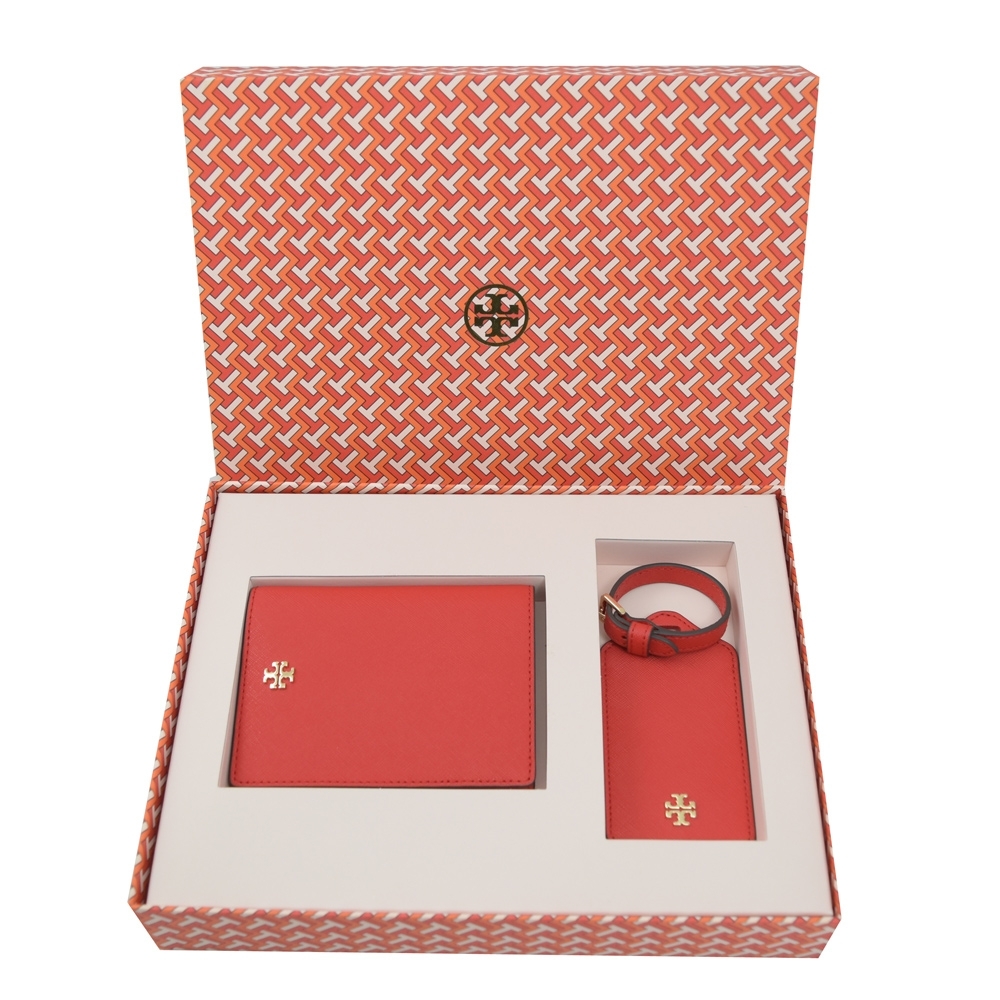 TORY BURCH  Emerson 金屬LOGO護照夾禮盒組(紅)