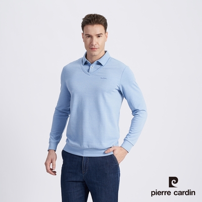 Pierre Cardin皮爾卡登 男裝 棉質混紡橫條假兩件襯衫領刷毛長袖POLO衫-水藍色 (5215290-35)