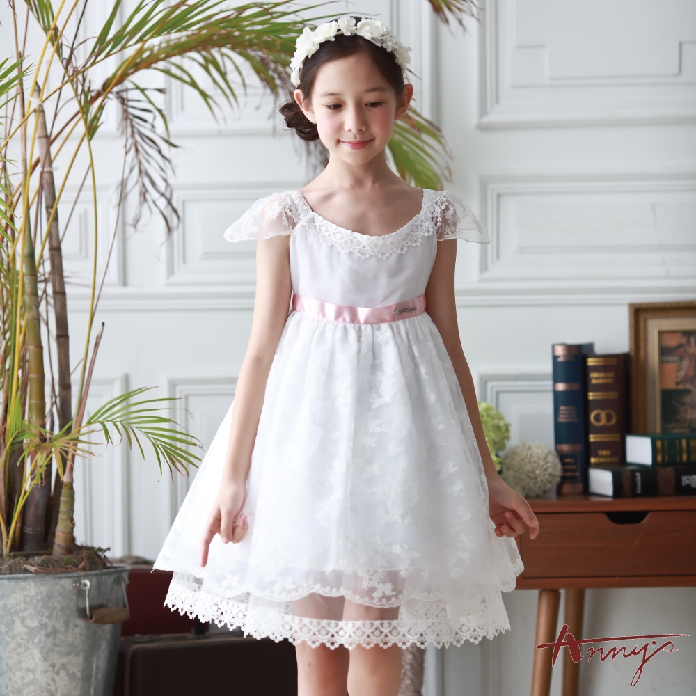 Annys安妮公主-典雅蕾絲網紗袖春夏款高級訂製禮服*7104白色