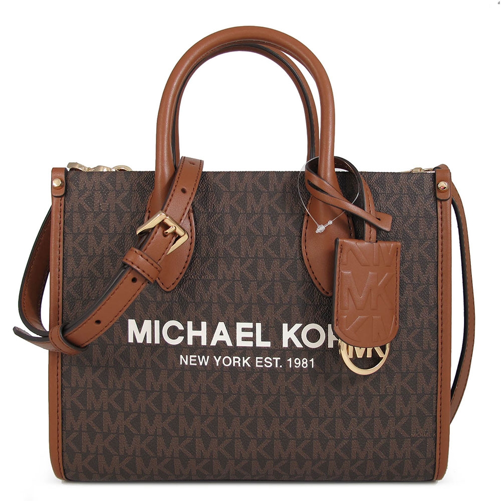 MICHAEL KORS Mirella 品牌大標防刮滿版MK牛皮滾邊手提肩斜兩用包(咖啡色/小)