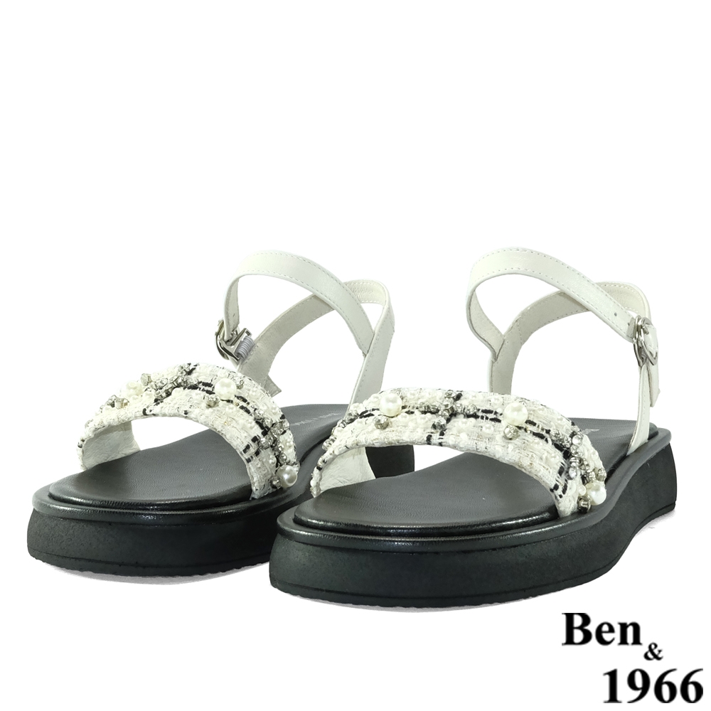 Ben&1966高級頭層牛皮流行格紋布厚底涼鞋-米白(216482)