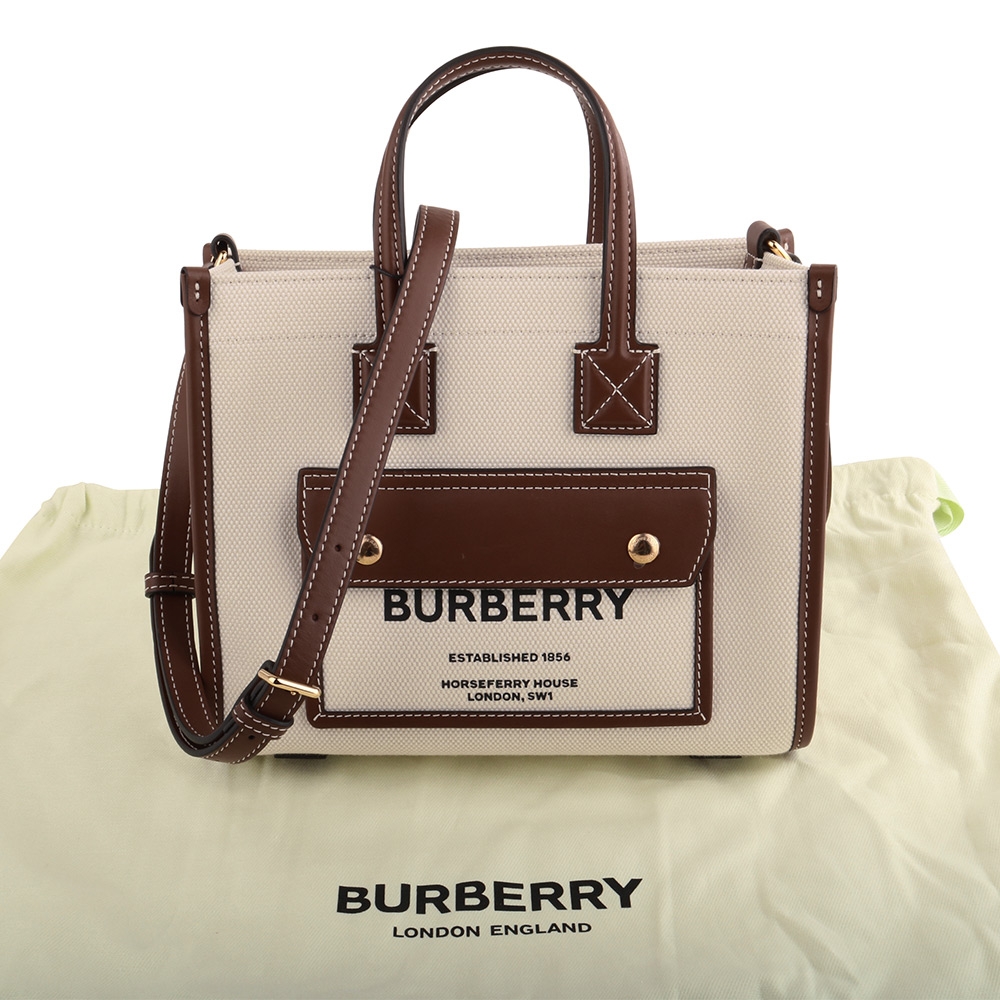 BURBERRY Frey 字母帆布拼皮革兩用托特包(米白x木棕色)mini | 歐系精品包/配件| Yahoo奇摩購物中心