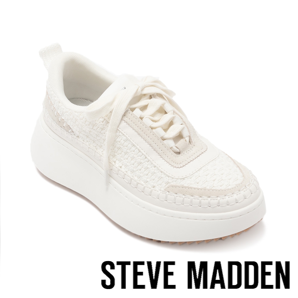STEVE MADDEN-DOUBLE TAKE 真皮編織綁帶厚底休閒鞋-白色