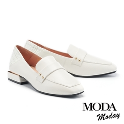 低跟鞋 MODA MODAY 復古輕奢毛呢拼接牛皮方頭樂福低跟鞋－白