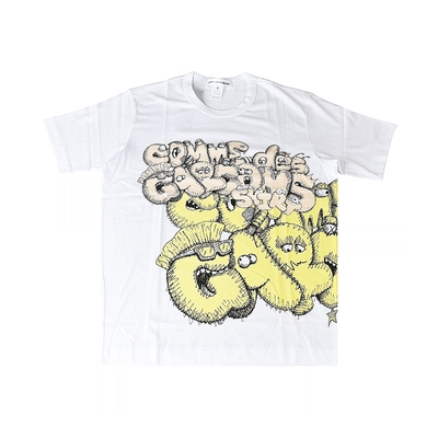 comme des garcons x kaws聯名款塗鴉印花logo純棉短t(淺橘x黃字/白)