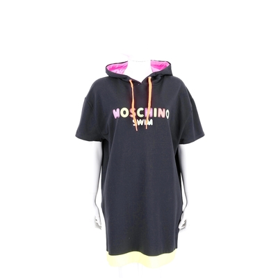 MOSCHINO 霓彩字母黑色連帽短袖棉質運動衫/洋裝