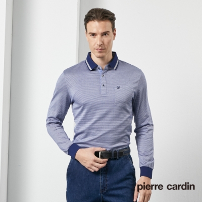 Pierre Cardin皮爾卡登 男款 緹花素面長袖polo衫-藍色(5205201-38)
