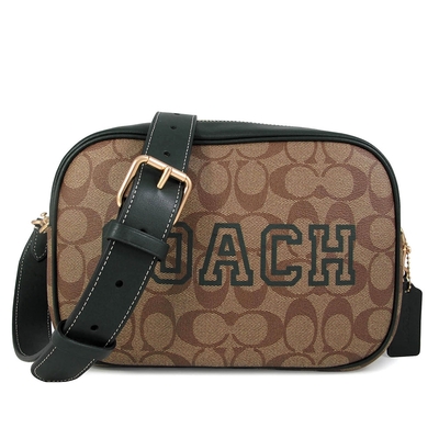 coach jamie品牌大logo異材質拼接大相機斜背包(墨綠色/大款)