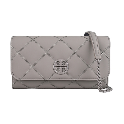 TORY BURCH Willa顛倒雙T圓標LOGO菱格絎縫設計PU皮吸釦鍊帶斜背包(蒼鷺灰)