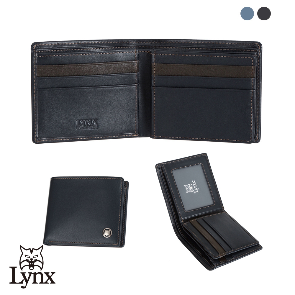 【Lynx】美國山貓nappa軟皮9卡中間翻拉鍊短夾-藍/黑 透明窗/大鈔位拉鍊袋
