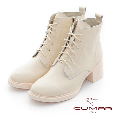 【CUMAR】素色粗跟綁帶率性短靴-米白
