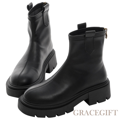 【Grace Gift】好比例圓頭厚底工程靴 黑