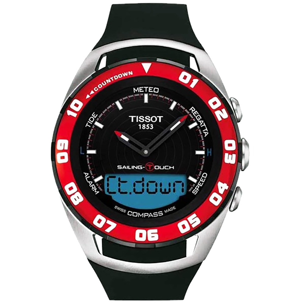 TISSOT 天梭 官方授權 Sailing Touch 風帆專業觸控腕錶-黑x紅框/45mm T0564202705100