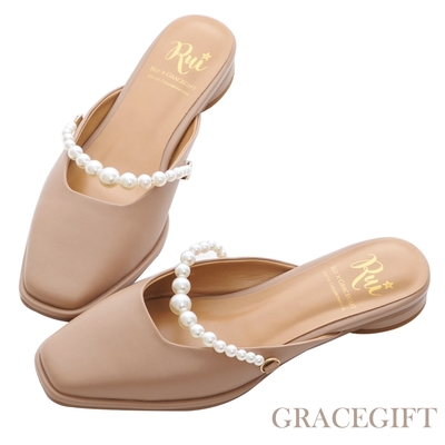 【Grace Gift】小貓聯名-甜美名媛珍珠真皮穆勒鞋 灰褐