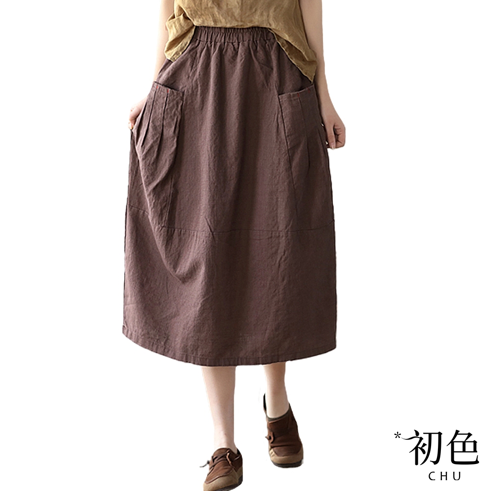 初色  寬鬆棉麻風口袋A字半身裙-共4色-67191(M-2XL可選現貨+預購)
