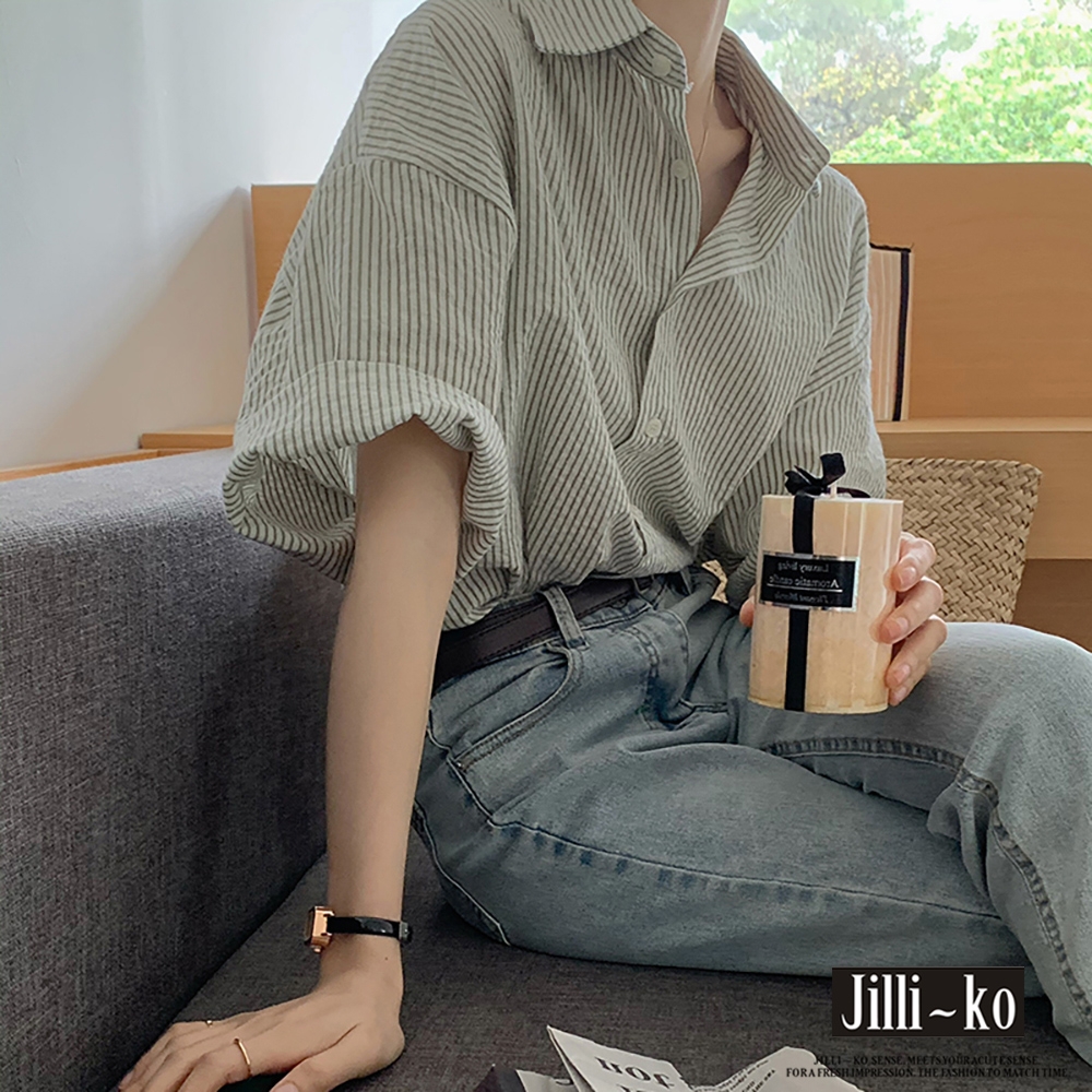 JILLI-KO 夏季新款法式設計感休閒條紋寬袖襯衫- 灰色