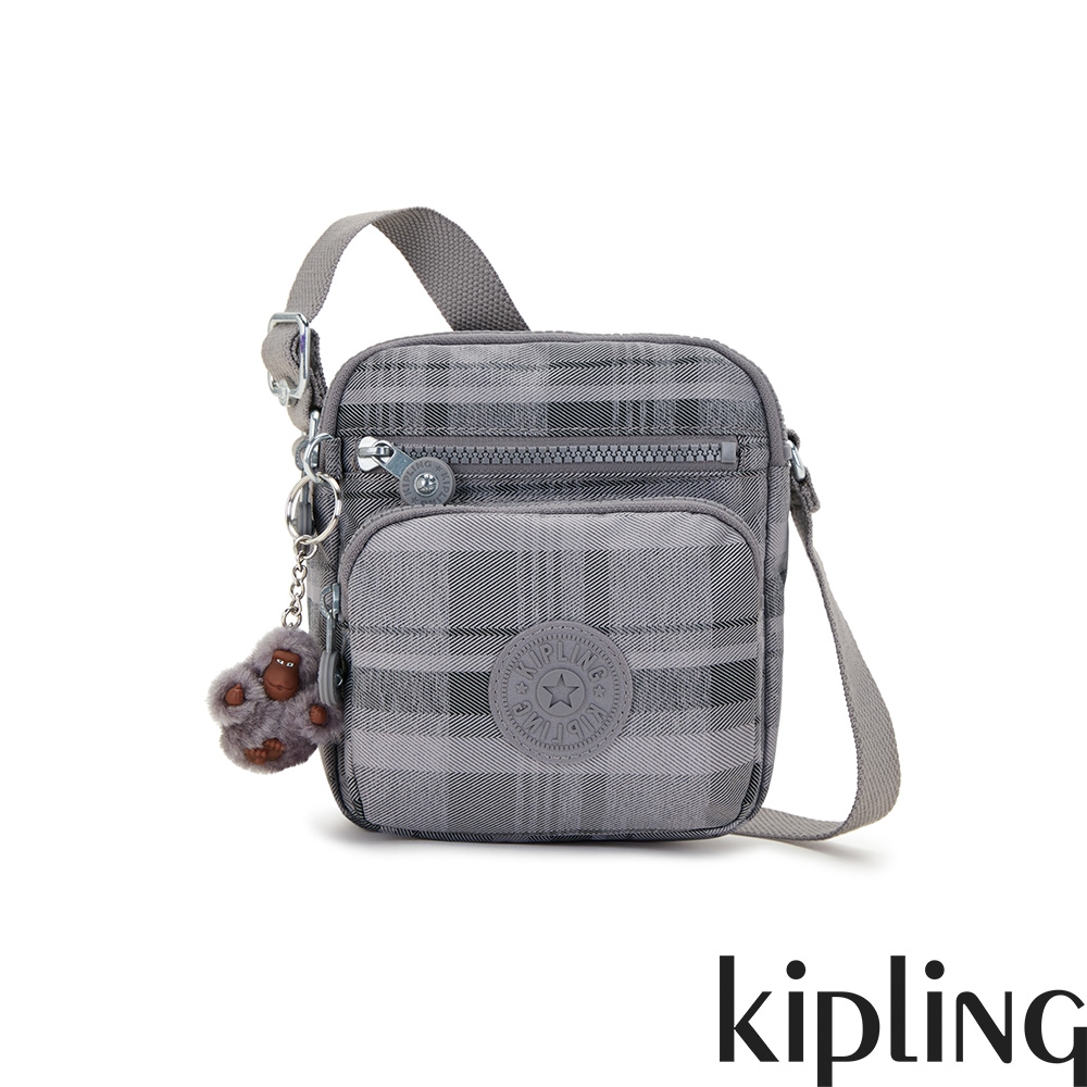 Kipling 輕灰蘇格蘭紋多袋小巧斜背包-RON