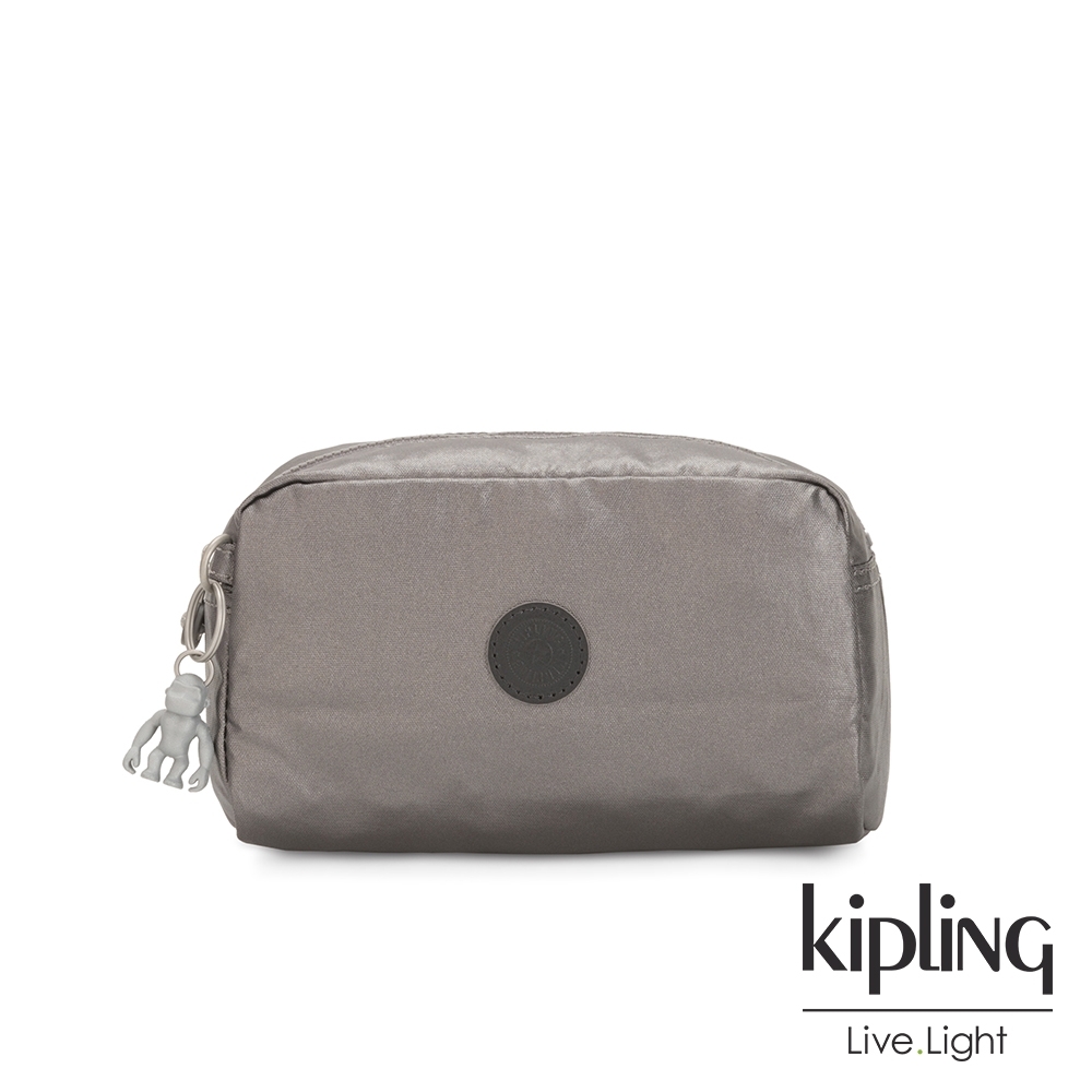 Kipling 低調質感金屬灰褐色長形化妝包-GLEAM