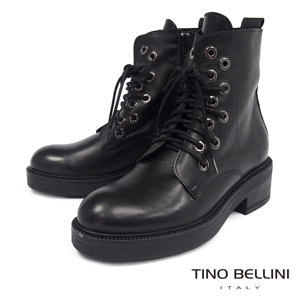 Tino Bellini義大利進口交錯鞋帶厚底中跟短靴_黑