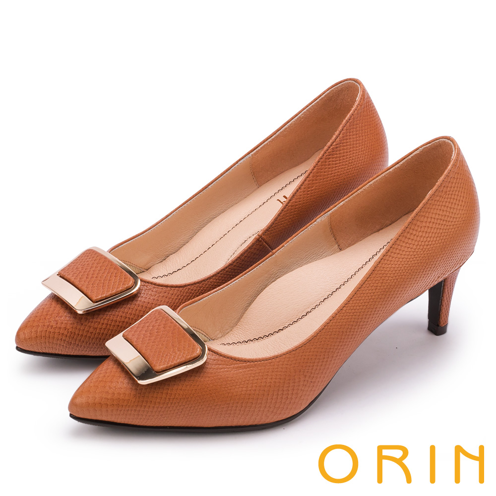 ORIN 典雅氣質 梯形金屬釦環羊皮高跟鞋-棕色