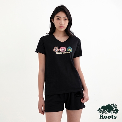 Roots 女裝- BUDDY FRIENDS V領短袖T恤-黑色