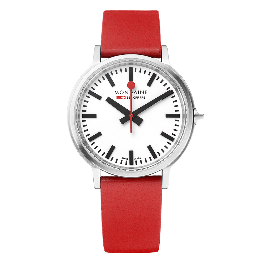 MONDAINE 瑞士國鐵 stop2go 經典腕錶-白x紅錶帶/40mm