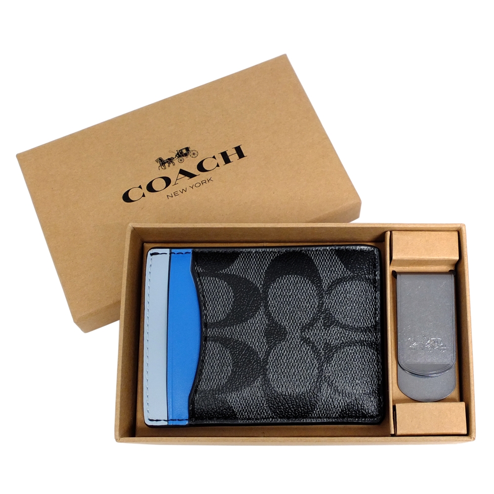 COACH灰黑C Logo藍邊真皮卡夾鈔票扣禮盒組
