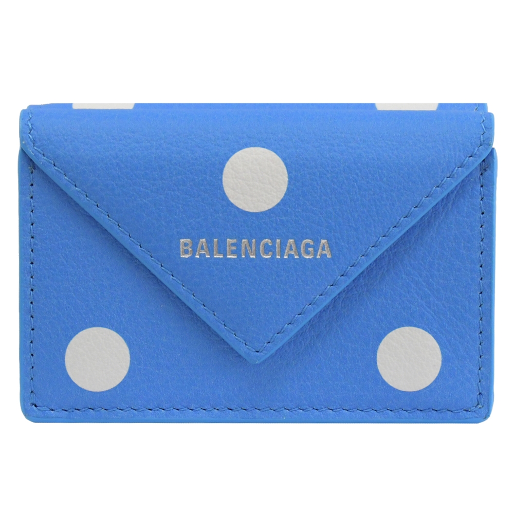 BALENCIAGA 燙銀LOGO點點設計小牛皮雙面釦三折短夾(天藍)