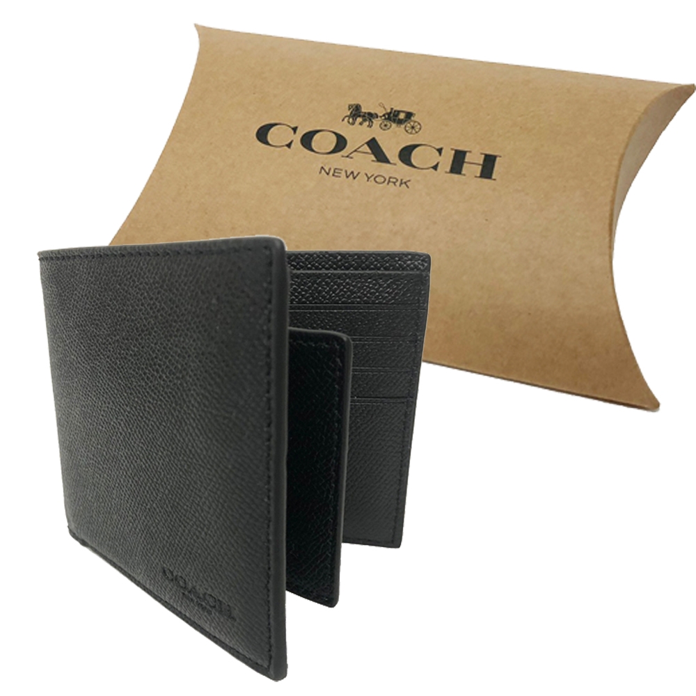 COACH 男款8卡對折短夾附活動式證件夾禮盒(全皮-荔枝紋黑)