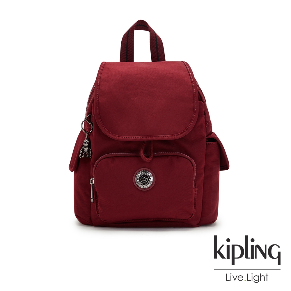 Kipling 大人感紅酒色拉鍊掀蓋後背包-CITY PACK MINI