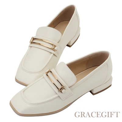 【Grace Gift】逸歡聯名-英倫金屬方頭低跟樂福鞋 白
