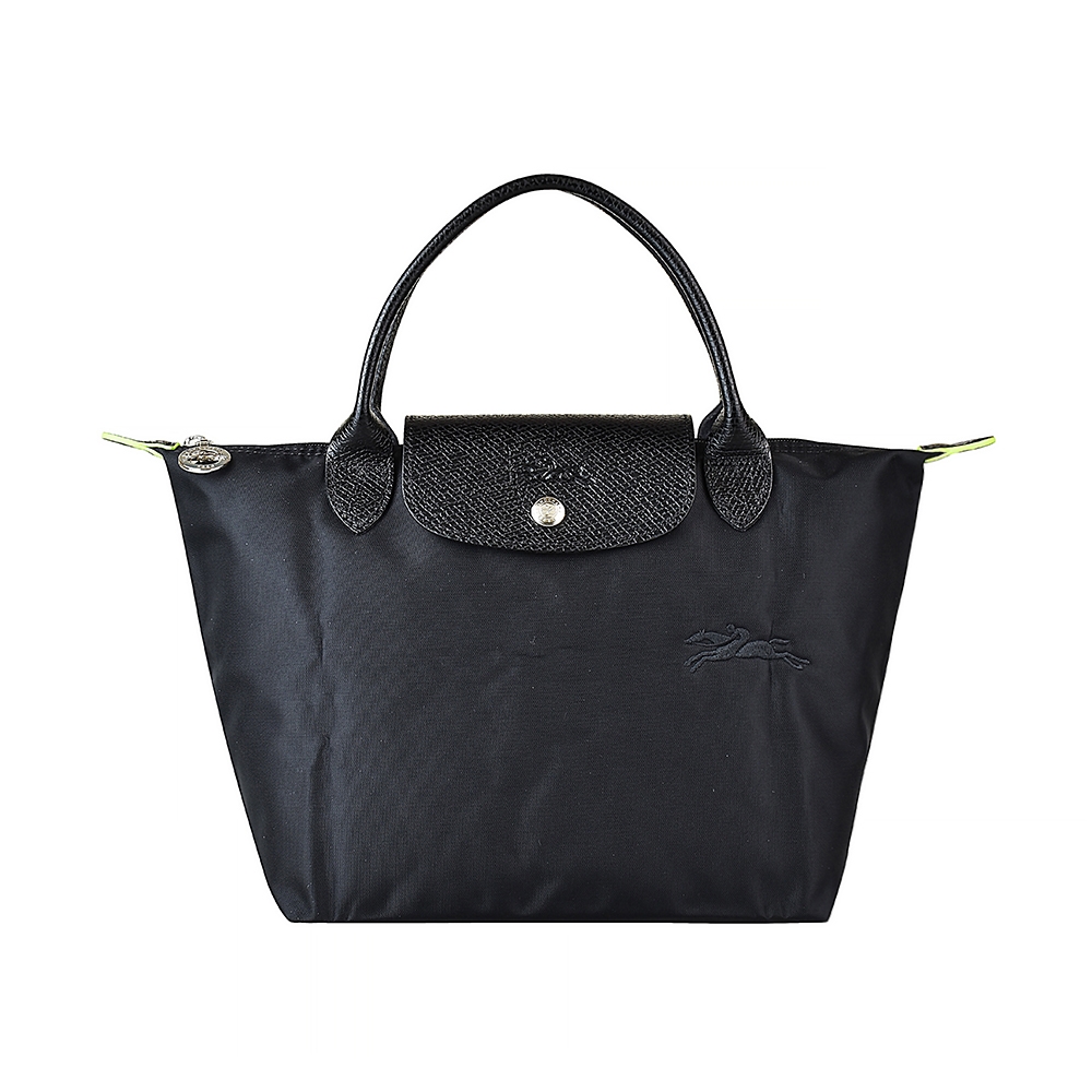 LONGCHAMP LE PLIAGE GREEN刺繡LOGO再生尼龍摺疊款短把拉鍊手提包(小/黑x黑)