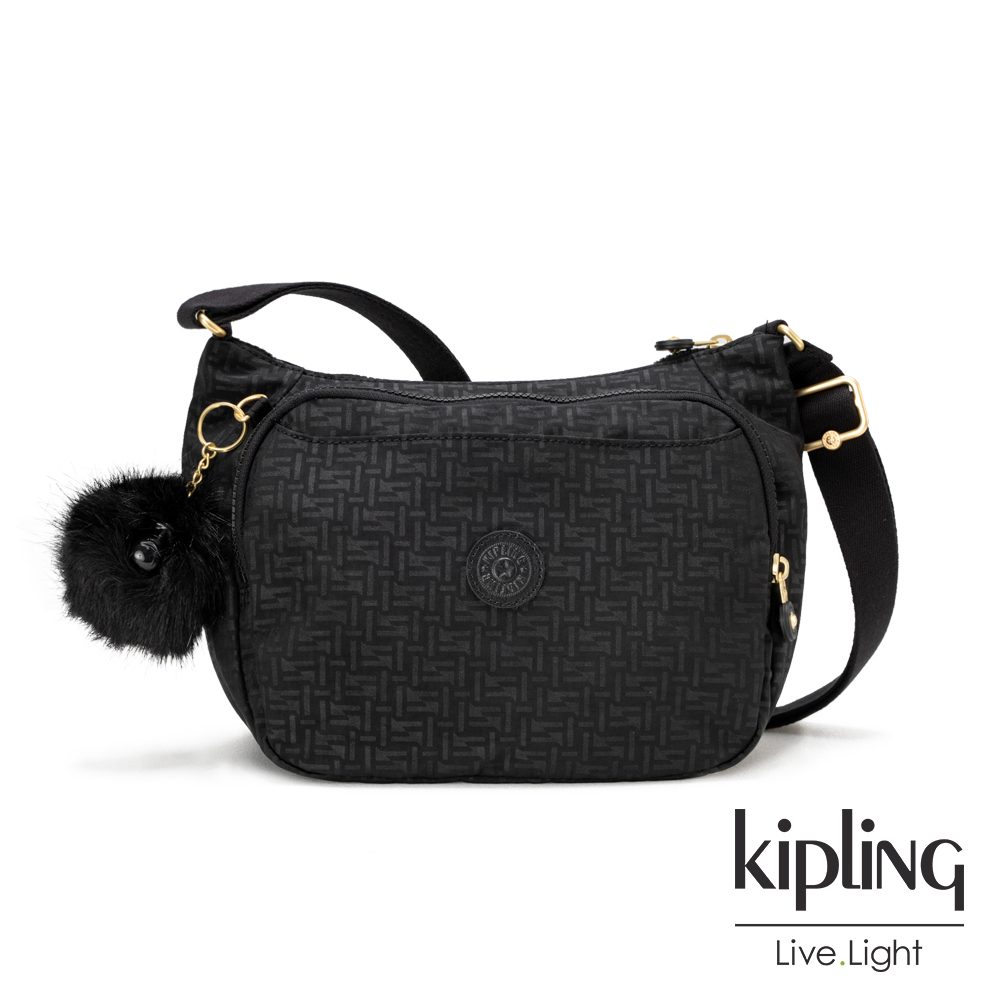 Kipling黑色幾何紋路雙層側背包-CAI