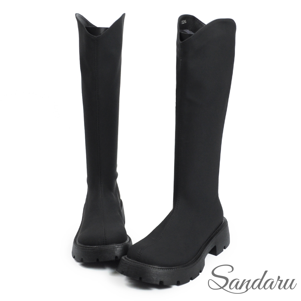 山打努SANDARU-長靴 霧面質感車線顯瘦後拉鍊厚底靴-黑