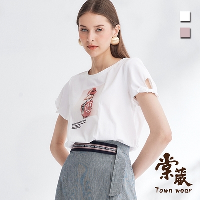 【TOWNWEAR棠葳】休閒印圖抓褶棉質上衣 2色(女上衣/圓領/短袖/彈性)