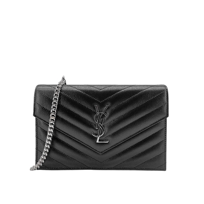 YSL Monogram 銀logo粒紋牛皮斜背/肩背信封包-19cm(742920-黑)