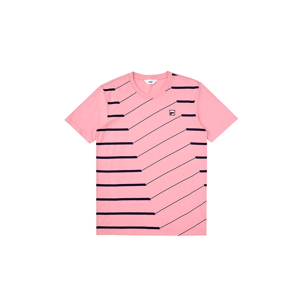FILA 中性短袖條紋圓領T恤合身版-粉色 1TEX-1505-PK