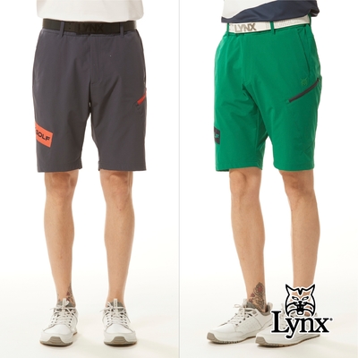 【Lynx Golf】首爾高桿風格！男款彈性舒適LOGO字樣配布剪接側邊拉鏈口袋設計平口休閒短褲(二色)