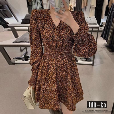 JILLI-KO V領碎花韓版設計感復古顯瘦短裙連身洋裝- 黃/紅