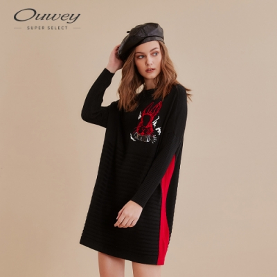 OUWEY歐薇 含羊毛紳士兔緹花異素材長版上衣(黑)