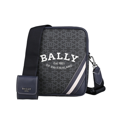 BALLY Bhenn B-Monogram印花LOGO PVC牛皮拉鍊肩背/斜背包(灰x深藍)