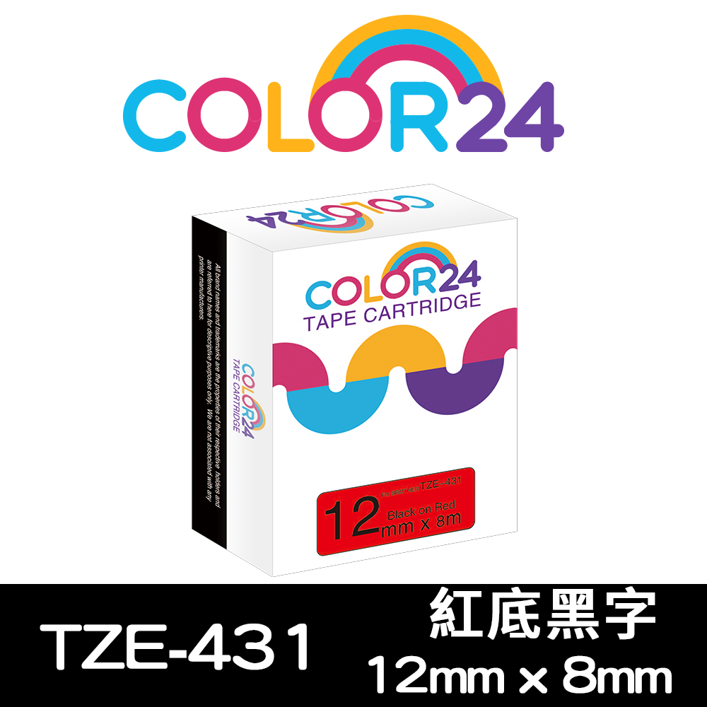 Color24 for Brother TZe-431 紅底黑字相容標籤帶(寬度12mm)