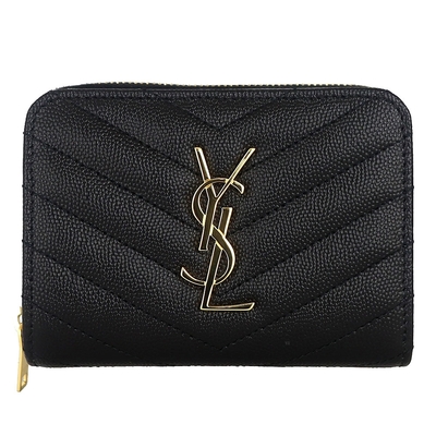 YSL MONOGRAM 黑色V型縫線珍珠紋牛皮金字拉鍊短夾