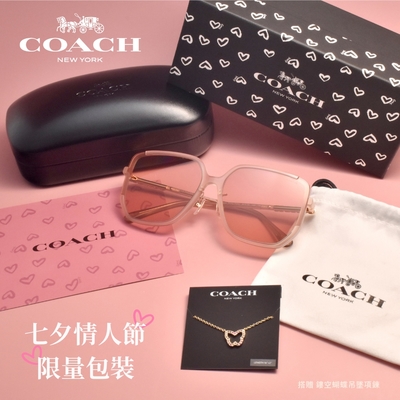 COACH 情人節限定 贈簍空蝴蝶吊墜項鍊 大方框太陽眼鏡/透粉 金 透粉鏡片#HC8401D 580984-64mm